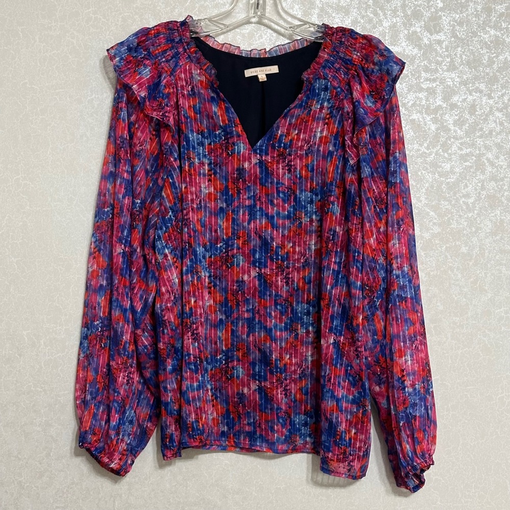 Skies Are Blue Watercolor Floral Print Ruffle Long Sleeve V-neck Blouse Top Sz L